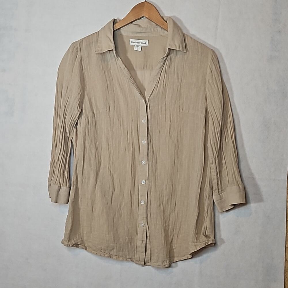 Coldwater Creek Tan Crinkle Linen Blend Button Up Shirt Size L (14) - 3/4 Sleeve